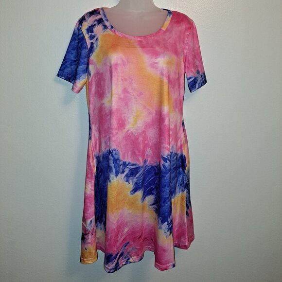 NWT Oversized Gradient Print Short Sleeve Rainbow Tie Dye Loose Casual Mini Dres - Picture 10 of 10